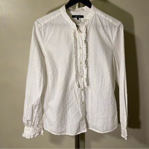 Jaeger Victorian Elegance: Round Neck Frill Shirt with Embossed Polkadots